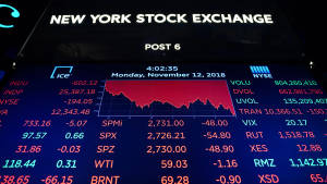 紐約證券交易所交易屏幕，夜間顯示金融數據和紅色下跌圖表。
