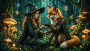 女巫和狐狸在發光的魔法森林中手牽手，周圍有蘑菇。 — 女巫風格 壁紙