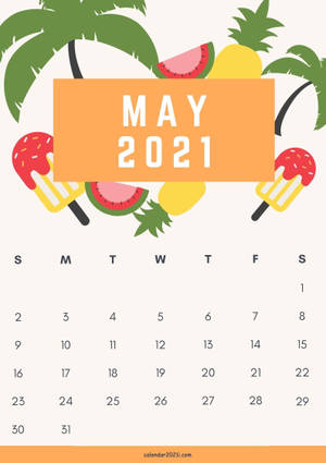 2021年5月日曆，附有熱帶水果和棕櫚樹插圖。