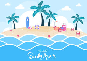 卡通海灘場景，有棕櫚樹、衝浪板和行李，適合夏季假期。