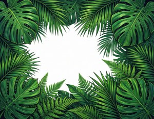以龜背竹和蕨類植物框住白色空間的熱帶葉子邊框。