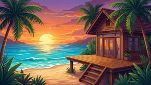 夕陽下舒適的木造海灘小屋，棕櫚樹和碧綠的海洋。