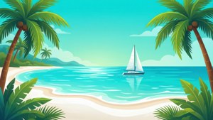 帆船在碧綠海水中，被棕櫚樹和白色沙灘環繞。