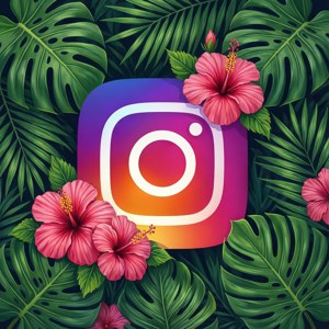 Instagram 應用程式圖示以熱帶樹葉和粉紅色花朵框起。