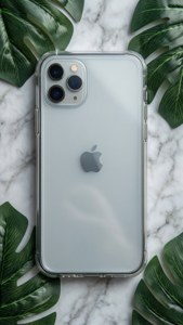 透明iPhone 11 Pro Max配三鏡頭放在大理石上，周圍環繞龜背竹葉。