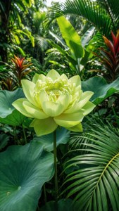 一朵淡綠色的蓮花被熱帶葉子和植物包圍