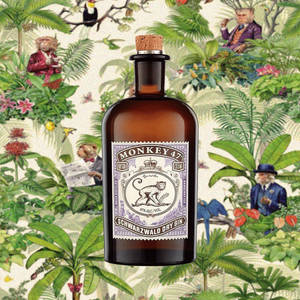 Monkey 47氈酒瓶被叢林場景包圍，場景中有猴子及穿著復古服裝的男人。