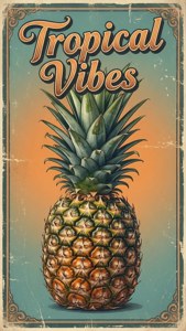 復古海報，帶有菠蘿和漸變背景上的文字 Tropical Vibes