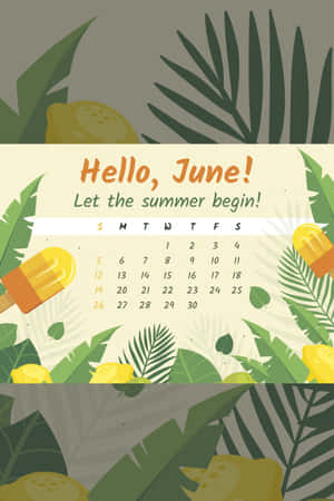 六月日曆以熱帶樹葉和冰棒框出夏日氛圍。