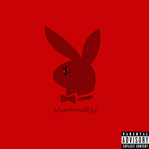 Playboy兔仔標誌，X眼睛和蝴蝶結，紅色背景，附有家長指引標籤。