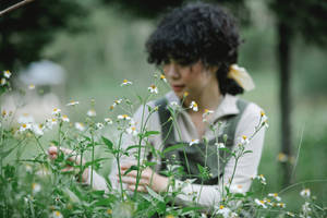 女士坐在白花田野中，周圍有綠色植物。