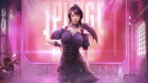 動漫女性穿束身衣在霓虹舞台上與摩托車擺姿勢 — 動漫女孩 壁紙