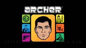Archer 電視劇標誌，中央角色同六個周圍圖標。