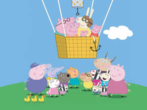 Peppa Pig 和朋友們在熱氣球上，其他人在草地上觀看。