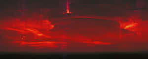 超現實的紅色天空，帶有發光的條紋和一個巨大的彎曲結構。 — 熔岩龍 壁紙