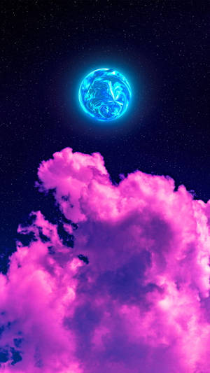 繁星點點的夜空中，粉紅色雲層上方漂浮的發光藍色行星。