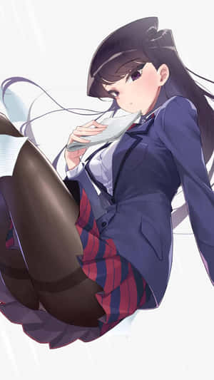 動漫女學生在白色背景下喝著茶，黑髮飄逸。