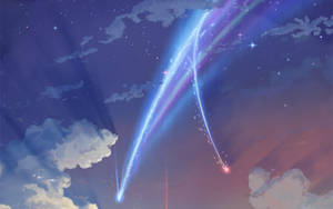 兩條發光的宇宙軌跡劃過有星星和雲朵的暮色天空。