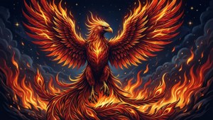 一隻由火焰構成的神話鳳凰鳥，在繁星點點的夜空下，佇立於火焰之中。
