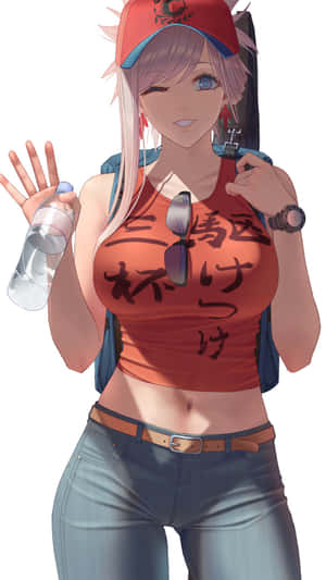 戴紅色帽子和背心的動漫女孩揮手，拿著水瓶和太陽眼鏡。