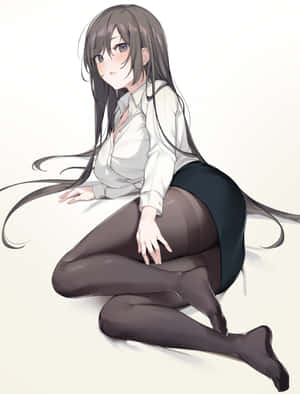 長黑髮的動漫女孩穿著白襯衫和黑裙子坐著。