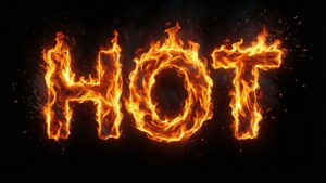 由咆哮的火焰和火花組成的「HOT」一詞，背景為黑色。