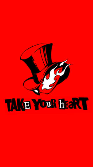一個黑色高頂帽，帶有白色火焰和粗體文字「TAKE YOUR heart」，置於紅色背景上。