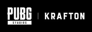 黑色背景上以白色文字顯示的 PUBG Studios 和 Krafton 標誌