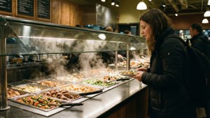 女性在自助餐廳的冒煙自助餐檯上選擇食物。