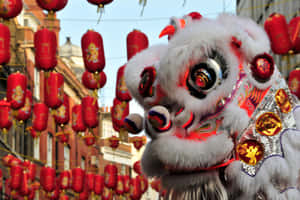 城市街道上帶有紅色燈籠的傳統舞獅服裝。 — 中國新年 壁紙