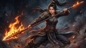 一位身穿暗色盔甲的女戰士在戰鬥場景中手持火焰長矛，餘燼飛舞。