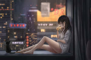 女性與貓在雨痕斑斑的窗邊喝茶，俯瞰夜晚的城市燈光。