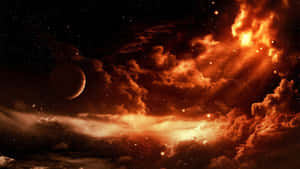發光的橙色雲朵和一個行星在繁星點點的宇宙天空中。 — 橙色圓圈 壁紙
