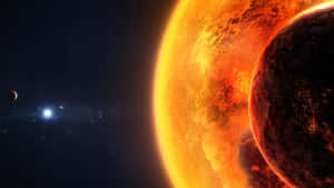 一顆發光的橙色太陽，一顆黑暗行星在繁星點點的夜空中繞著它運行。 — 唯美月亮動圖 壁紙