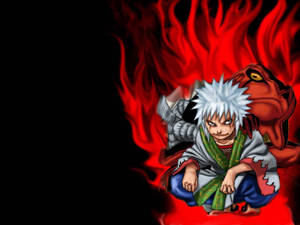 白髮動漫男孩蹲在紅色惡魔面前，伴隨著火焰。