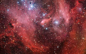 深空中帶有閃爍星星的鮮豔紅色和粉紅色星雲。