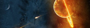熾熱的環狀行星與流星和彎月在深空中。