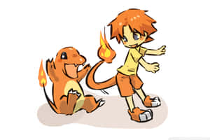 一個男孩和 Charmander，都有火焰尾巴，一起微笑。