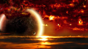 戲劇性的外星日落，一顆巨大的行星在發光的雲層上投下月牙陰影。