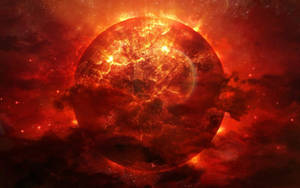 一顆熾熱的紅太陽，太陽耀斑在深空中的宇宙雲層中爆發。