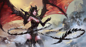 一個擁有紅色翅膀和帶刺鞭子的惡魔戰士，站在煙霧瀰漫的戰場上。