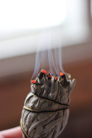 手持一根燃燒的鼠尾草煙燻棒，煙霧升起。