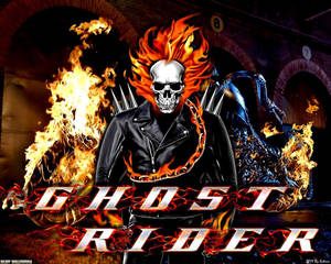 Ghost Rider 頭部燃燒，與電單車在黑暗磚拱門中。