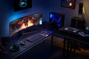 遊戲桌配有曲面顯示器、RGB 電腦和 DJ 設備，在藍色燈光下。 — MacBook Air M4 壁紙