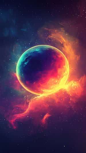 一顆色彩繽紛的行星，被深空中旋轉的星雲和恆星包圍 — 抽象藝術 壁紙