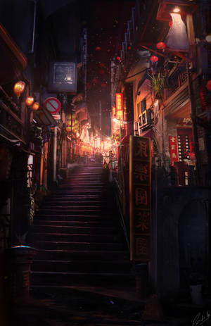 陡峭的樓梯穿過亞洲城市夜晚充滿活力的霓虹燈小巷。 — Honor MagicPad4 壁紙