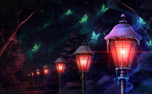 積雪的路燈在神奇的極光天空下發光，伴隨著發光的蝴蝶。