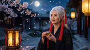 穿著傳統長袍的女子在月光下品茶，伴隨著飄落的櫻花和燈籠。