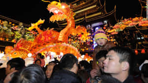 人群在夜間節日觀看一個大型發光龍燈籠。 — 中國新年 壁紙