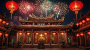  Lunar New Year 期間，廟宇上空綻放絢麗煙火，紅燈籠熠熠生輝。